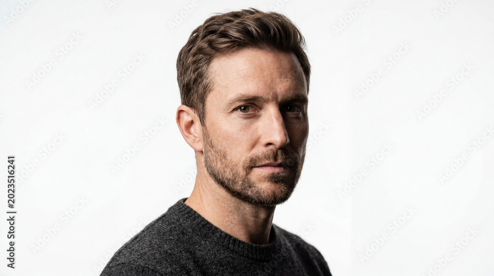 Obraz premium Close-up Studio Portrait of a Confident Middle-Aged Caucasian Man with Short Beard and Brown Hair Wearing a Grey Knit Sweater on White Background
