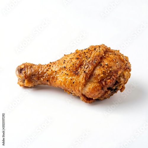 Delicious fried chicken leg with seasoning and herbs on white background