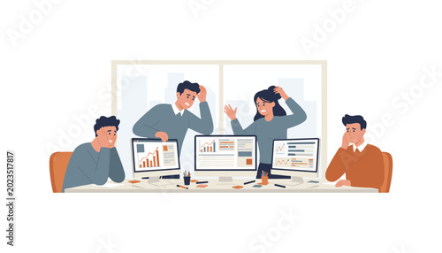 Tableau sur toile Team looking stressed at computers with financial charts business computer exhau