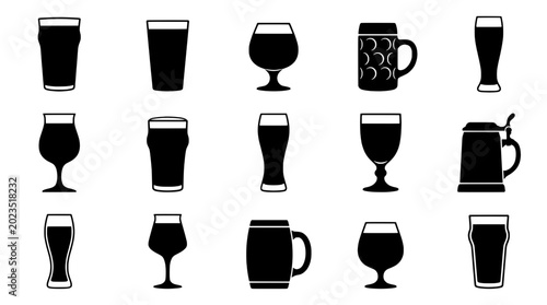 Glasses beer icon set with black silhouettes and various shapes featuring glassware, drinkware, barware with mugs and tankards elements for drink