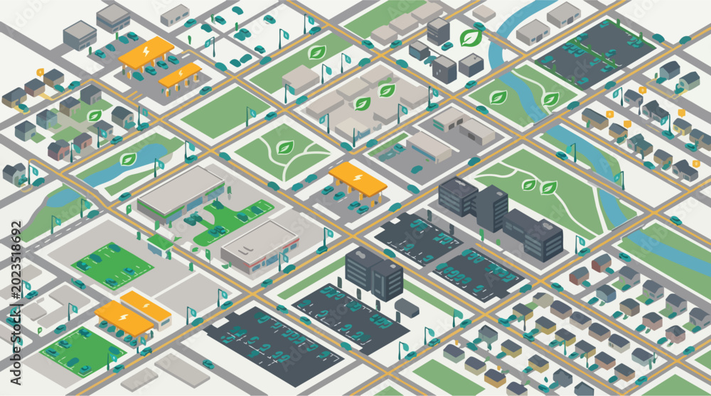 Fototapeta premium Smart City Urban Planning Illustration with Electric Vehicle Charging Stations and Green Infrastructure