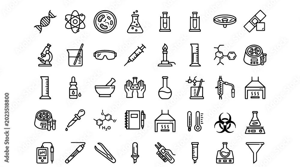 Naklejka premium Laboratory equipment icons set with beakers, flasks, test tubes, microscope, burners, and chemical symbols in thin line style