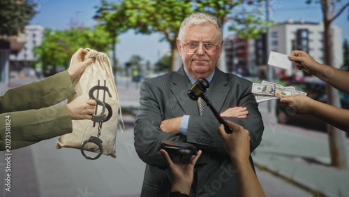 Schilderij op canvas Elderly man in suit with arms crossed rejects offers of money, a gavel and a dollar bag on a street; corruption guilt