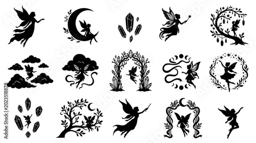 Fantasy Fairy Silhouettes Collection Vector Illustration Set with Moon, Crystals, Nature Elements  Mystical Glyphs