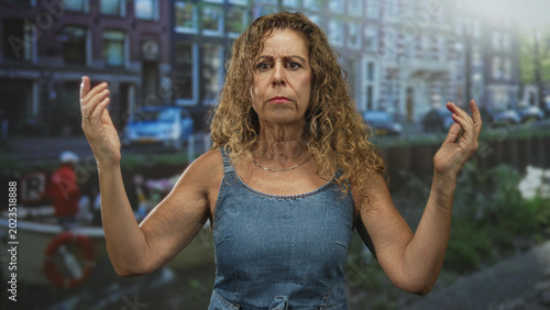 Fotografia Woman pointing both index fingers down toward her chest with raised arms, canal boat and buildings behind on a street; annoyance questioning