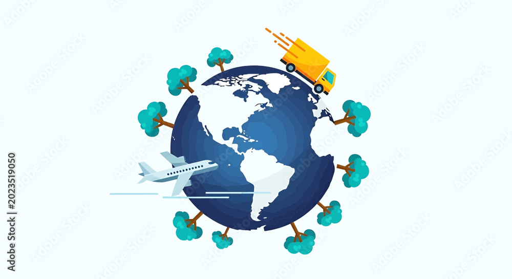Naklejka premium Global logistics and international shipping concept with earth globe, delivery truck and airplane