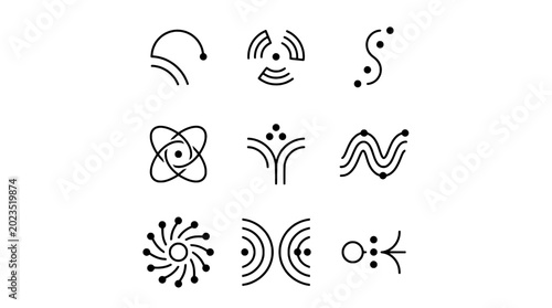Wireless signal icons set with broadcast waves, WiFi symbols, and network connectivity pictograms in black line art