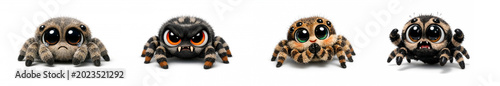 Sad, Angry, Thankful and Scared Emotional Cartoon Jumping Spider Characters on a White Background