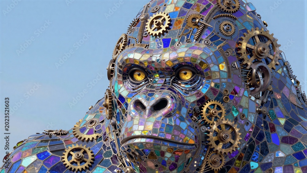 Naklejka premium Steampunk gorilla sculpture with mosaic gears and vibrant reflective