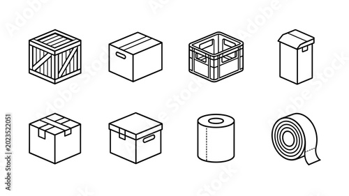 Logistics Packaging Materials and Shipping Boxes Isometric Icon Set, Wooden Crate, Cardboard Box, Plastic Crate, Tape Roll and Paper Towel