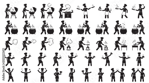 Bild auf Leinwand Open Fire Cooking Championship Silhouettes Sets Packs, Editable Vector Stroke Illustrations