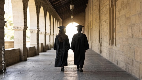 Back View of Two Graduates Walking Through Historic University Arches Towards Bright Future