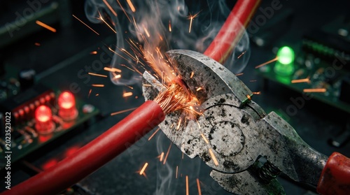 A close-up of pliers cutting a red wire, sparking and emitting smoke, set against a blurred electronic circuit board background.