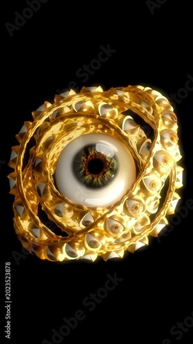 Golden rings of a biblically accurate angel rotate with many blinking eyes around a central white orb in a mysterious surreal 3D animation 