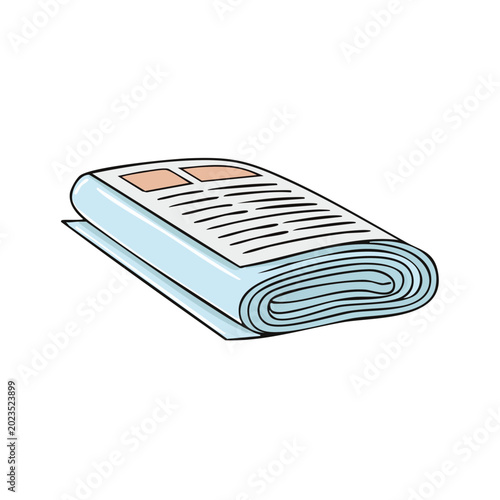 Folded newspaper with headlines and text printed inside a simplified cartoon illustration