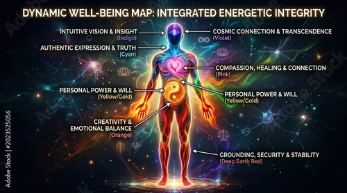 A colorful human figure illustrates an integrated energetic integrity map, highlighting emotional, spiritual, and personal power centers with corresponding colors and meanings.