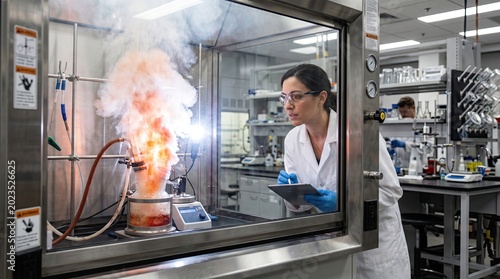 A scientist wearing safety goggles and gloves carefully observes a fiery chemical reaction inside a fume hood in a well-equipped laboratory.