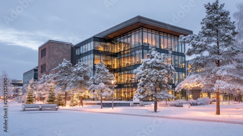 Modern building exterior with snow covered trees and winter landscape
