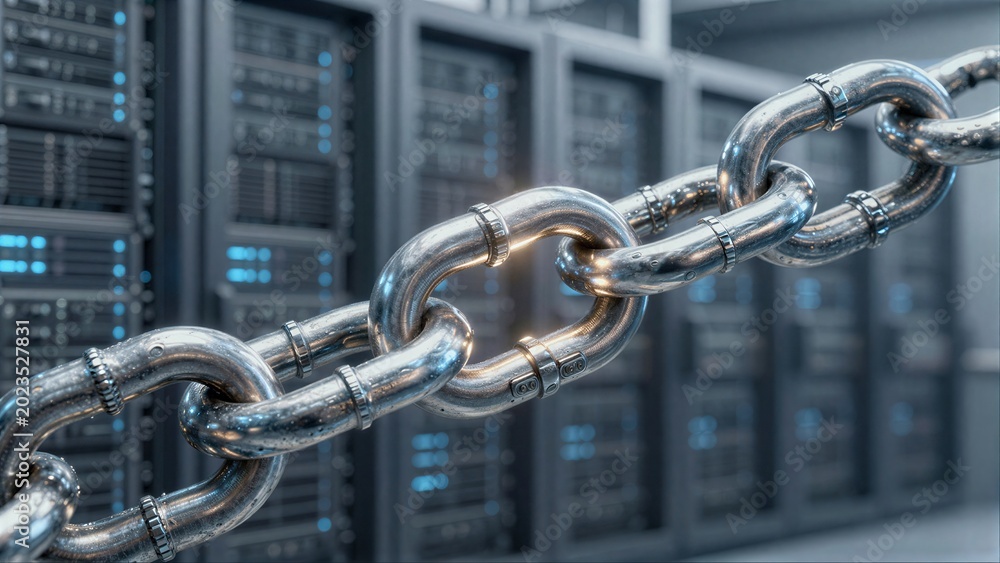Naklejka premium Metal chain links in server room symbolizing secure data