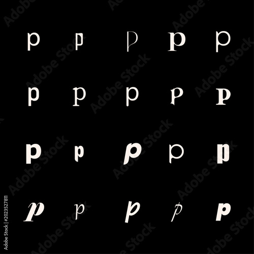 Typographic Study of 'p': A collection of twenty lowercase letter 'p' variations, exploring different fonts, styles, and serifs, arranged in a grid on a dark background.