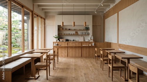 Minimalist Japanese Cafe Interior with Natural Light and Wooden Furniture