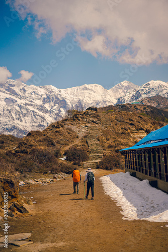 Front view of a group of trekkers walking on a snowy mountain during the Mardi Himal Trek in Nepal. There is dry grassland with yellow around with the Himalayas in the background on a foggy day.