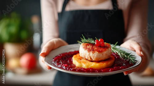 Chef serving a beautifully plated appetizer with fish and berry sauce fine dining food preparation