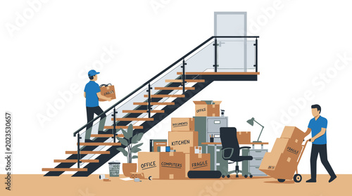 Two men moving office boxes upstairs.