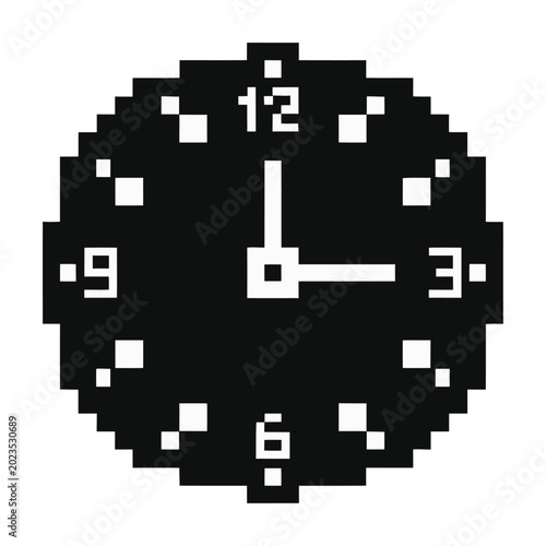 Pixel art clock showing 3:00 time flat design vector