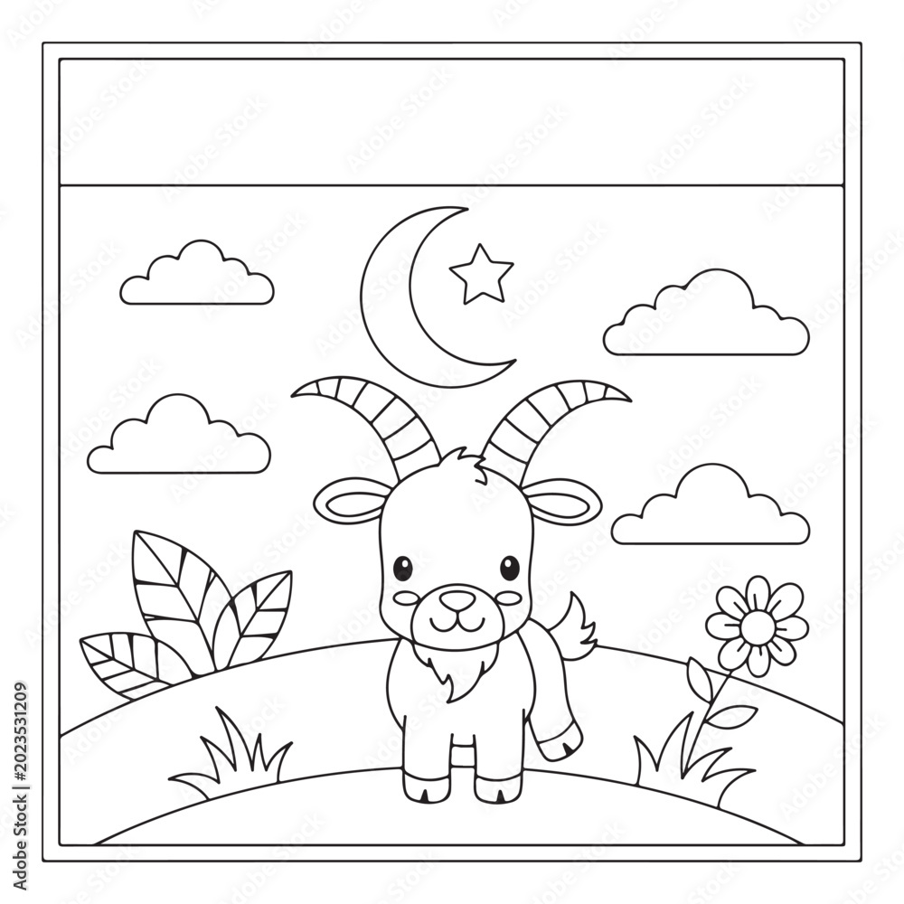 Fototapeta premium Cute cartoon baby goat in landscape with moon and stars coloring page illustration for kids activity.