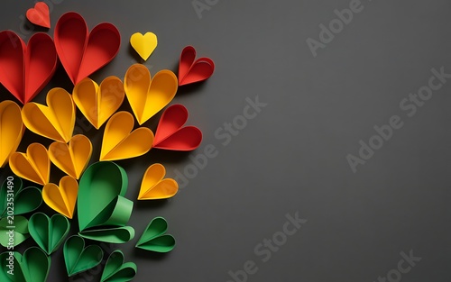 Paper hearts in red yellow and green arranged on a dark gray background for juneteenth celebration