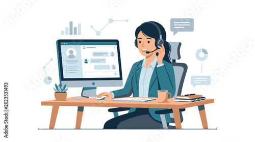 Woman Wearing Headset at Desk.