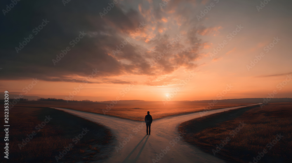 Fototapeta premium Man standing at fork road in countryside at sunset silhouette sunset fork road countryside silhouette decision