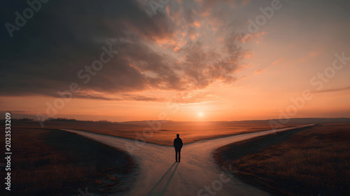 Man standing at fork road in countryside at sunset silhouette sunset fork road countryside silhouette decision