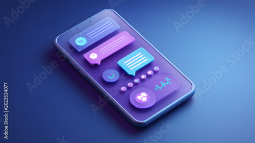 Medical app interface chat notification health monitor message bubble pulse icon heart rhythm smartphone screen purple blue gradient with 3D buttons and UI elements evoking connectivity