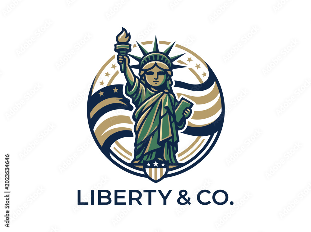 Fototapeta premium Statue of liberty emblem featuring a torch and tablet with stylized american flag elements designed as a professional vector logo for patriotic business branding projects