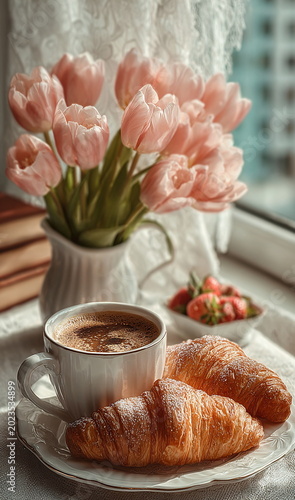 Morning coffee with croissants and flowers by the window in a cozy setting
