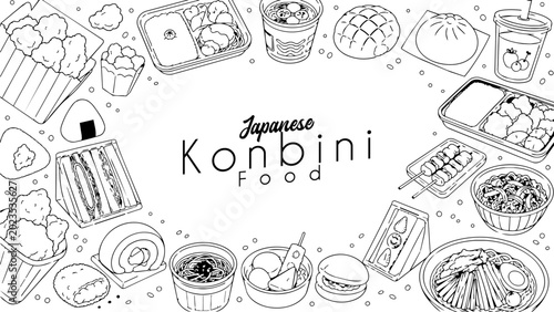 Billede på lærred Japanese konbini food frame vector line art with bento, ramen, onigiri, sandwiches, fried chicken, buns, drinks and snacks