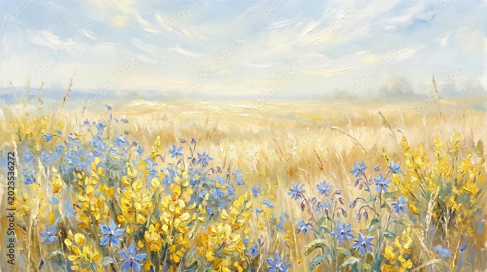 Obraz premium Dreamy Impressionist Oil Painting of Wildflowers Field | Scenic Summer Meadow Landscape Fine Art Print