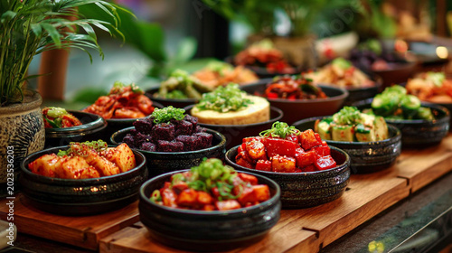 Large buffet display of assorted appetizers and small dishes with party food asian food appetizers