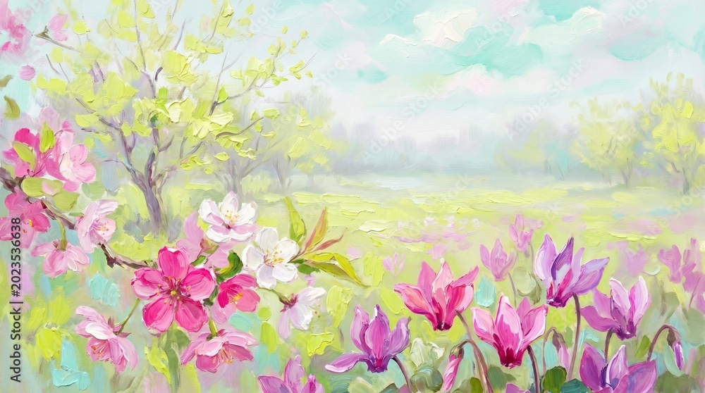 Obraz premium Impressionist Spring Blossom Oil Painting | Dreamy Pink Flowers Meadow and Blooming Trees Landscape Fine Art
