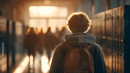 Back view of student with backpack walking down sunlit school hallway with lockers and blurred classmates going to class after the bell s.