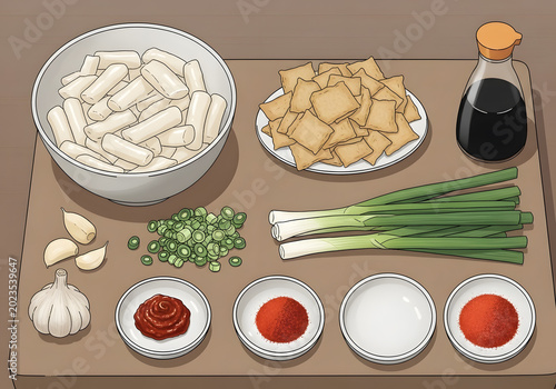 Fresh ingredients for homemade dumplings and dipping sauces on wooden table top view