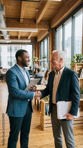 Two Business Professionals Shaking Hands in Modern Office with Wooden Ceiling