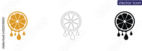 Εκτύπωση καμβά Dripping Orange Fruit Slice with Juice Drops Vector Icon Set, Fresh Citrus Lemon