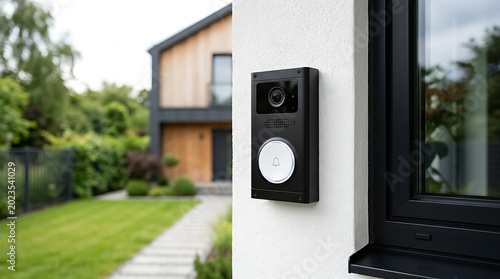Modern smart doorbell mounted on a white wall next to a window with a blurred view of a contemporary house exterior