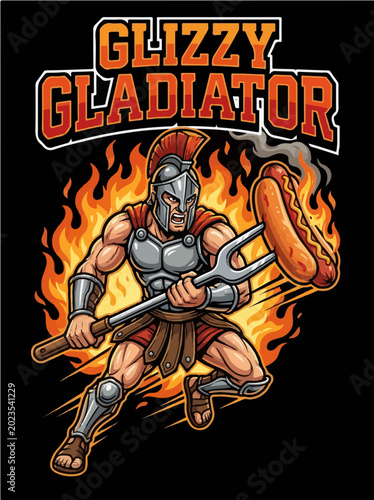 Funny Glizzy Gladiator Spartan Warrior Charging with Hot Dog Illustration - BBQ Grill Season Meme