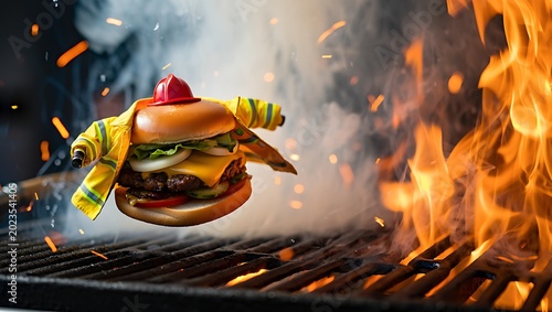 Funny burger dressed as a firefighter jumping over a flaming grill with smoke and sparks