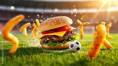 Delicious cheeseburger with french fries and a soccer ball on a green grass stadium field during a sports game