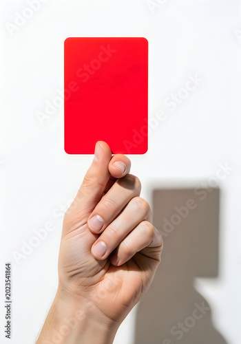 Hand holding red card penalty stop or rejection concept